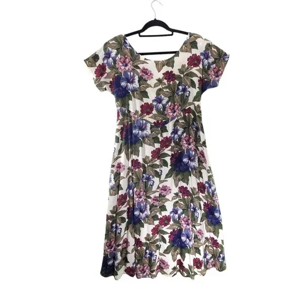 7/8 All That Jazz Midi Dress Plum Purple Floral Short Sleeve Vintage 80's 90's - Picture 1 of 14